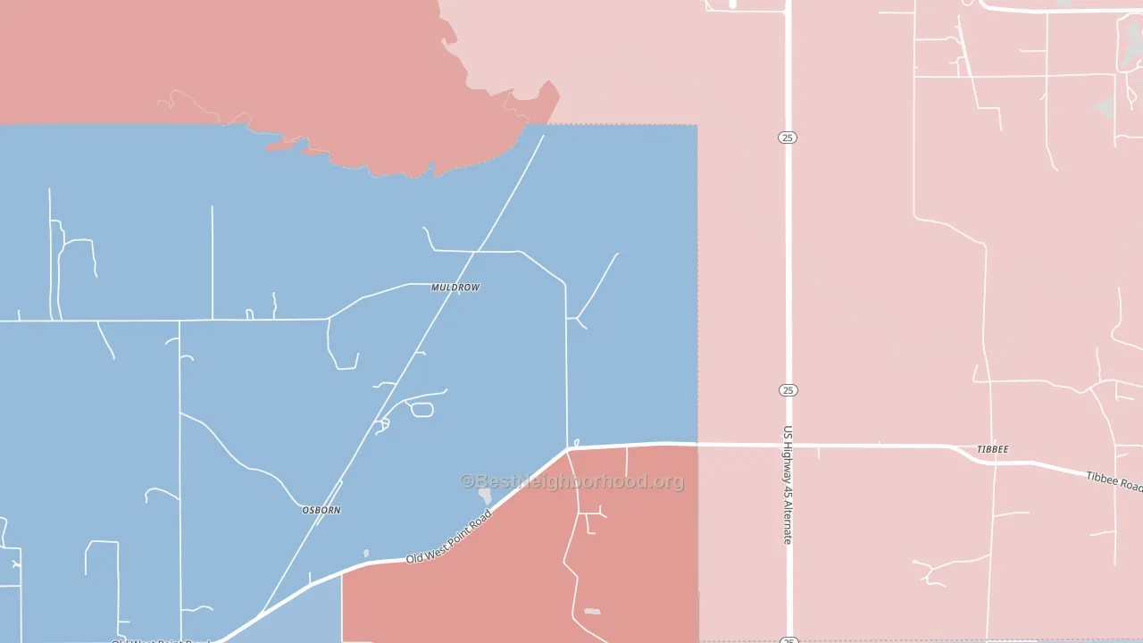Muldrow, MS block-group political-lean map