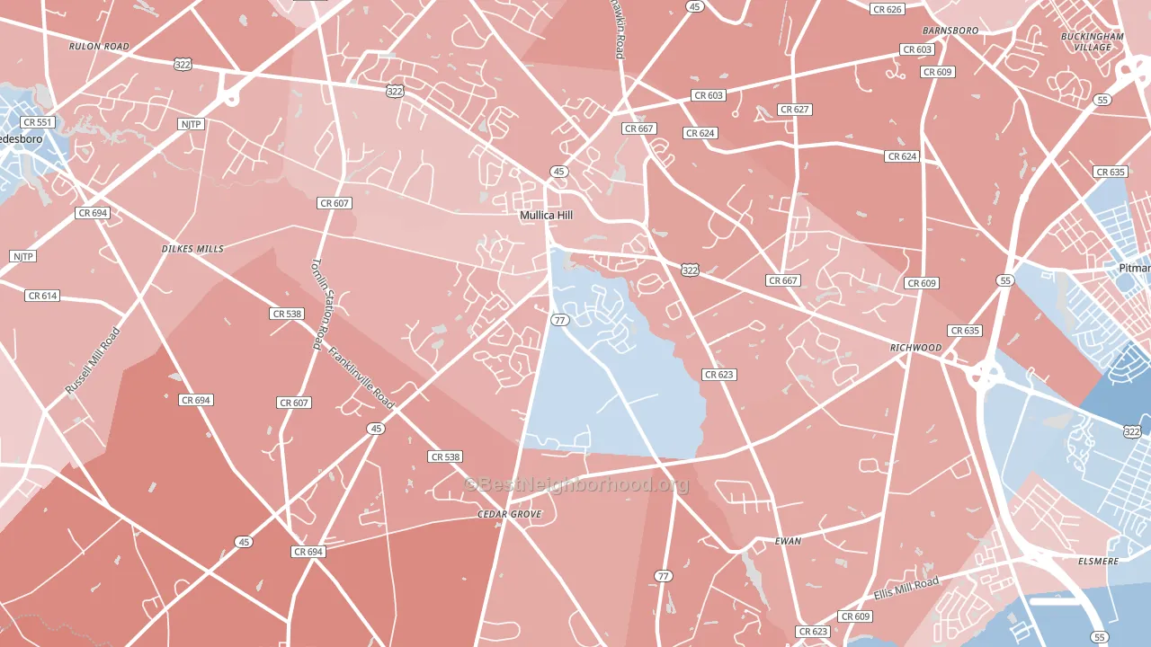 Mullica Hill, NJ block-group political-lean map