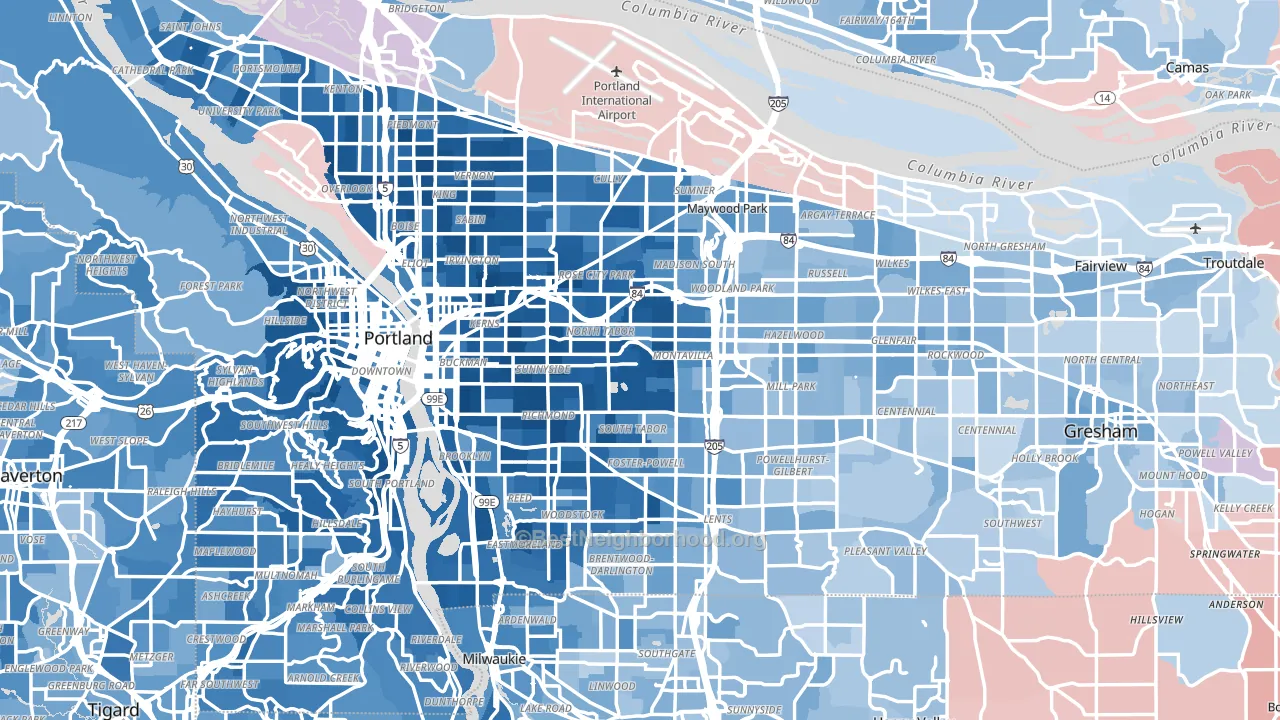 Multnomah County, OR block-group political-lean map