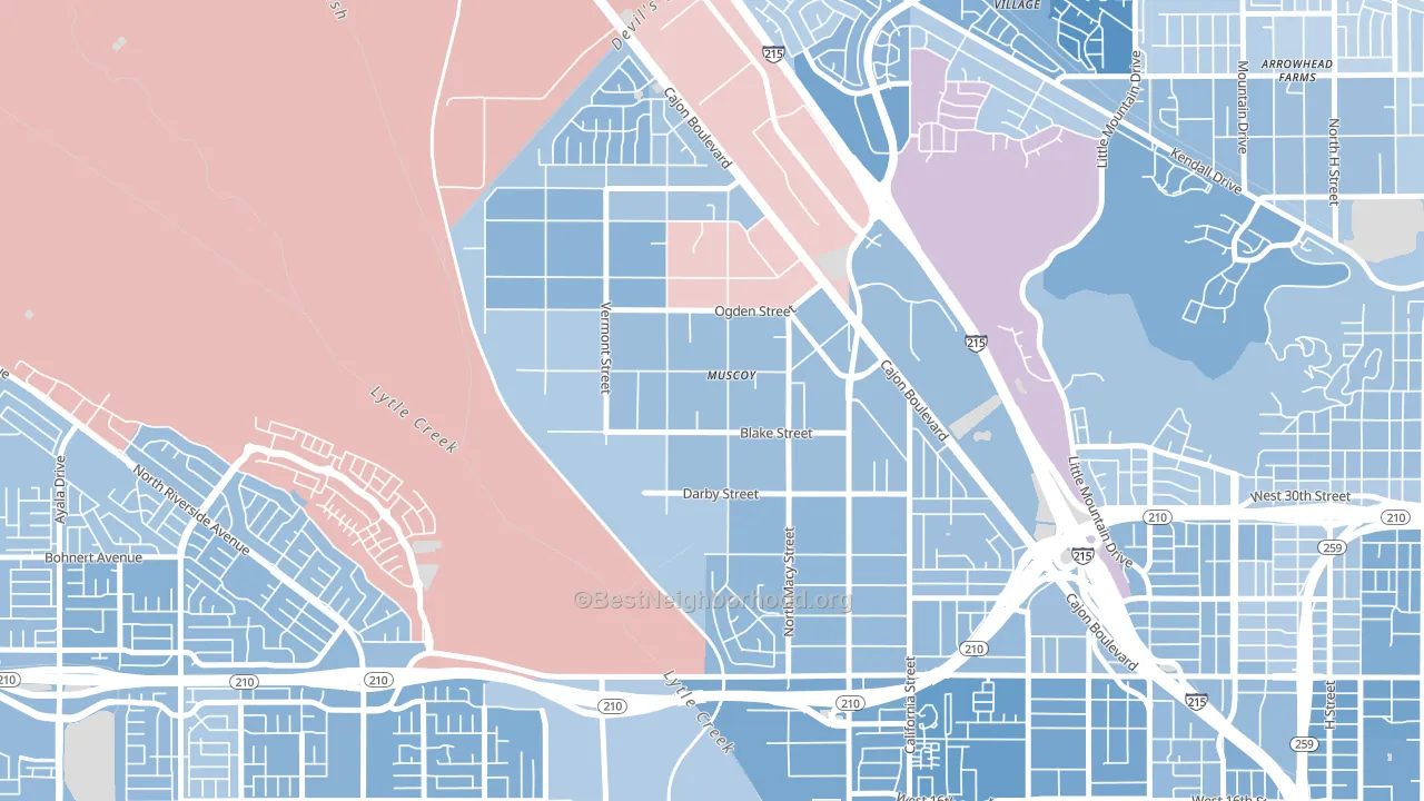 Muscoy, San Bernardino, CA block-group political-lean map