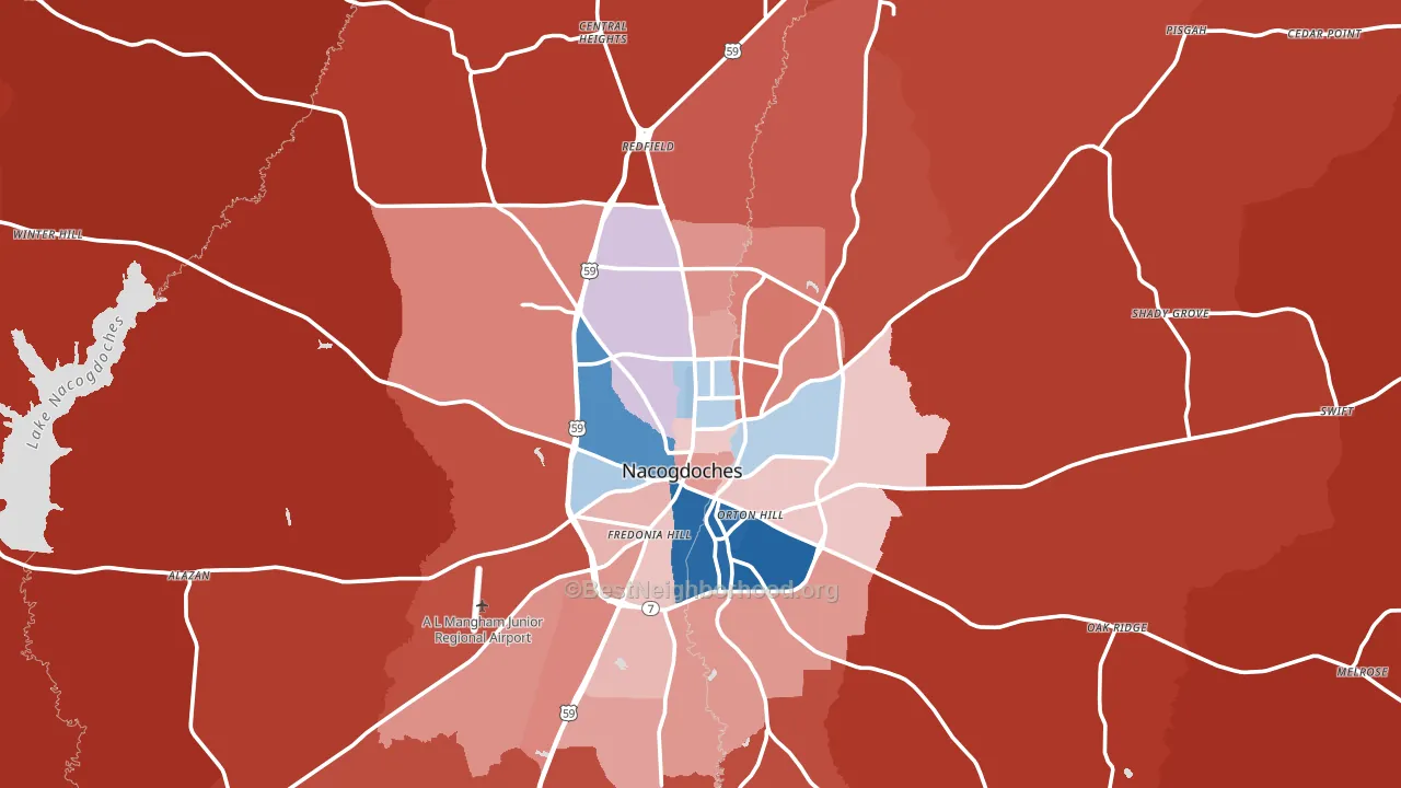 Nacogdoches, TX block-group political-lean map