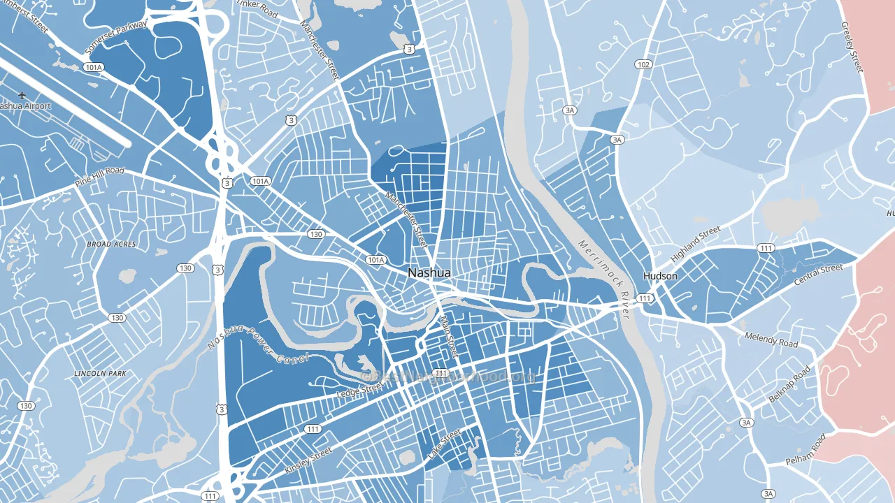 Nashua Historic District, Nashua, NH block-group political-lean map