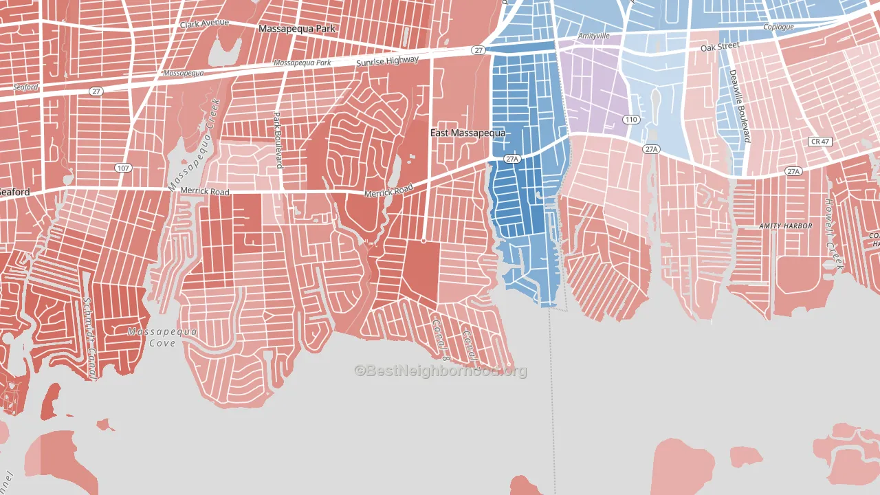 Nassau Shores, East Massapequa, NY block-group political-lean map