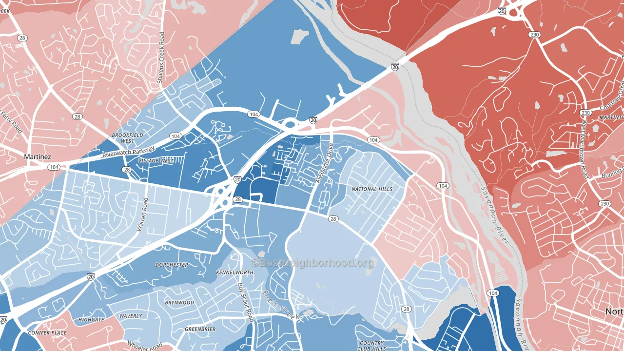 National Hills, Augusta, GA block-group political-lean map