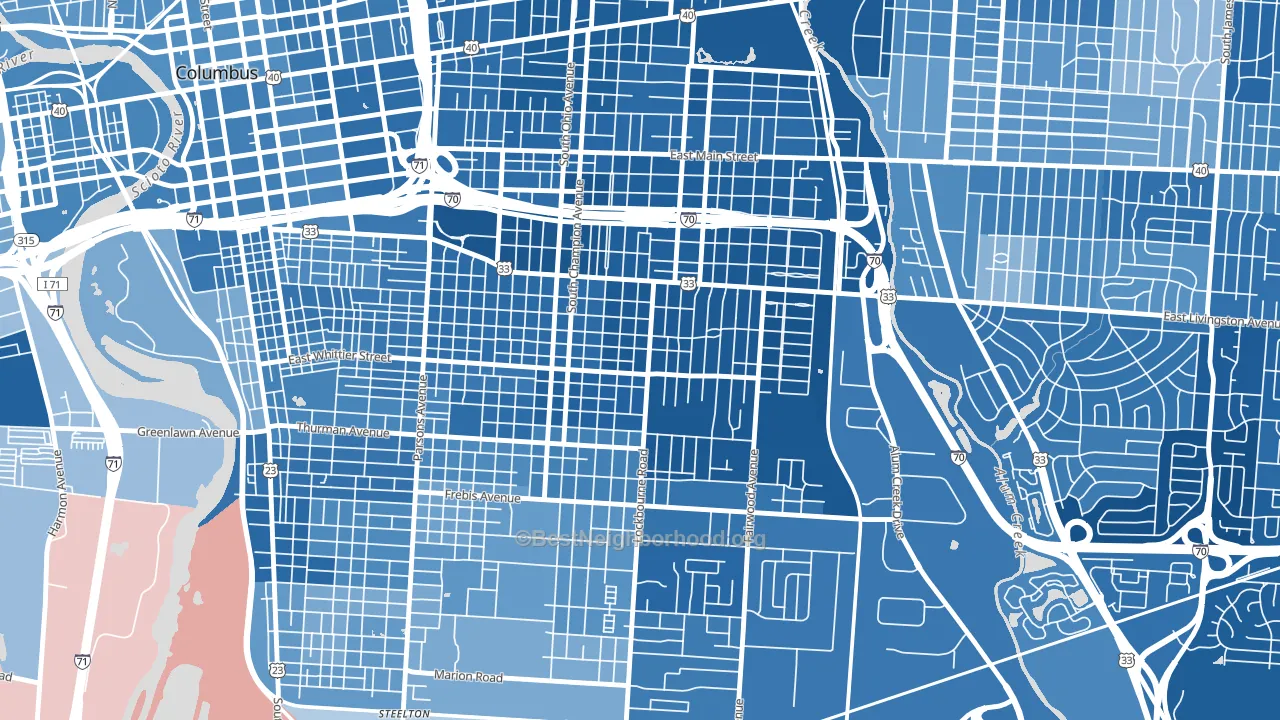 Near Southside, Columbus, OH block-group political-lean map