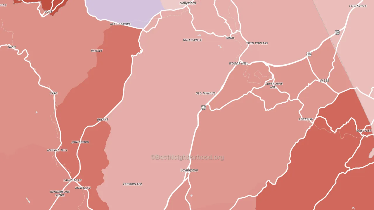 Nelson County, VA block-group political-lean map