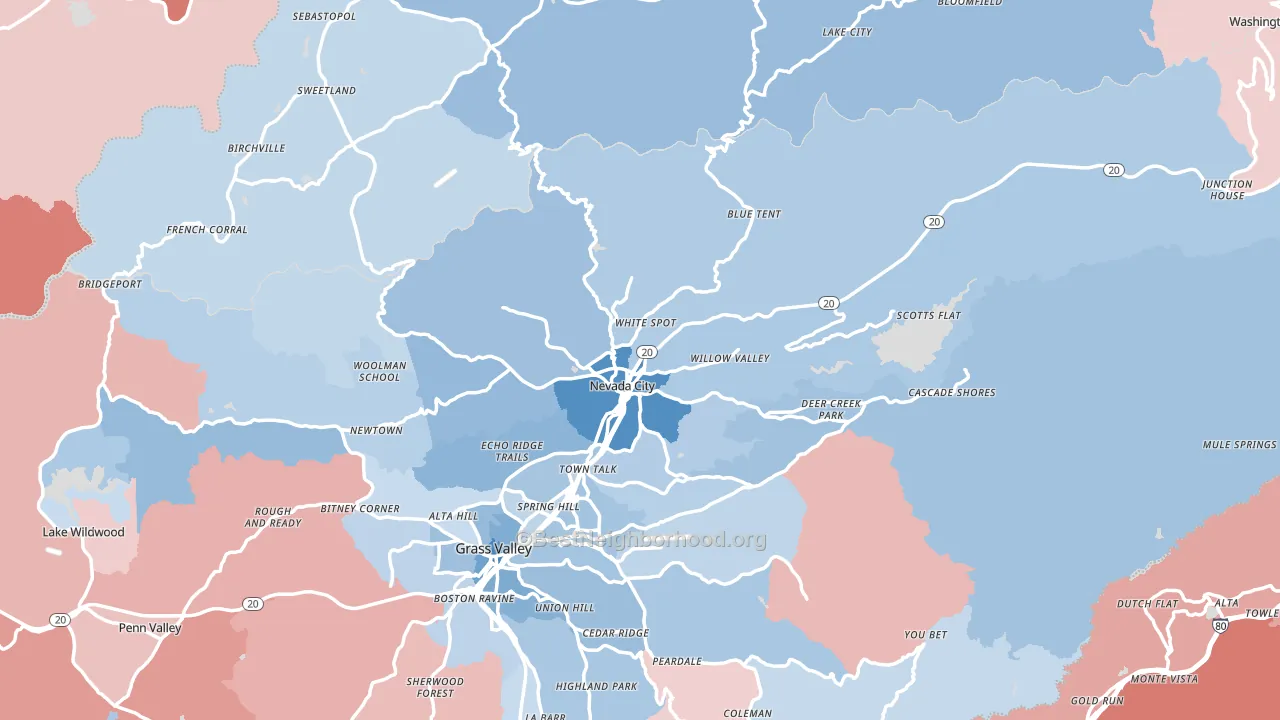 Nevada City, CA block-group political-lean map