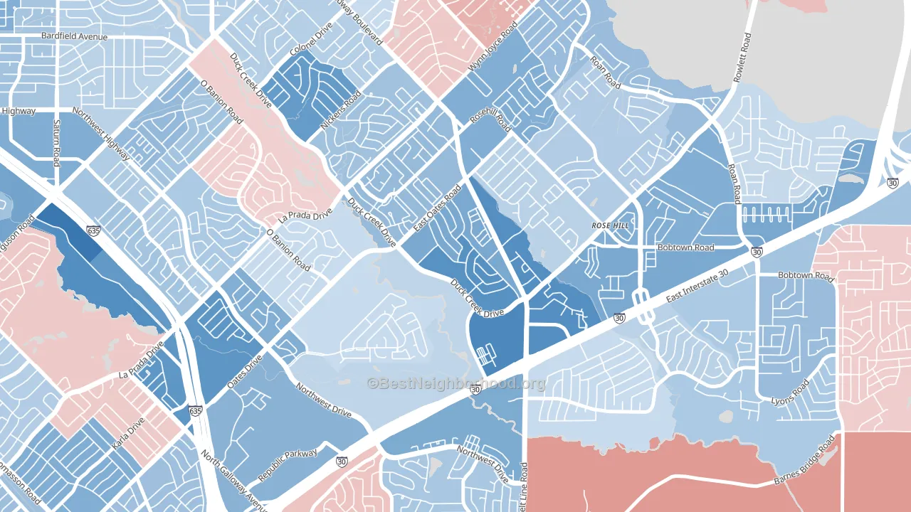 New West, Garland, TX block-group political-lean map