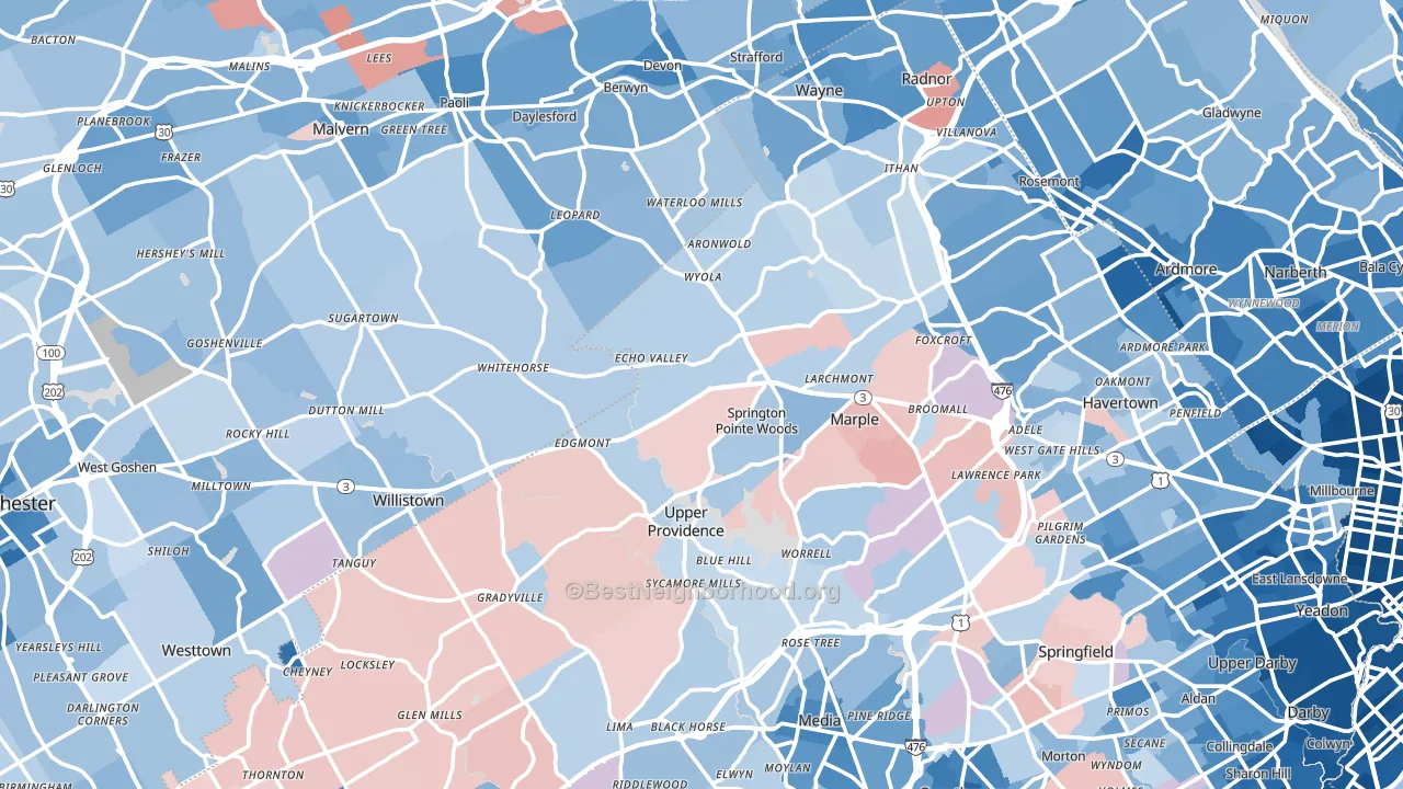 Newtown Square, PA block-group political-lean map