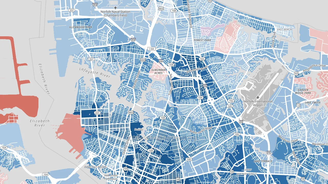 Norfolk City, VA block-group political-lean map