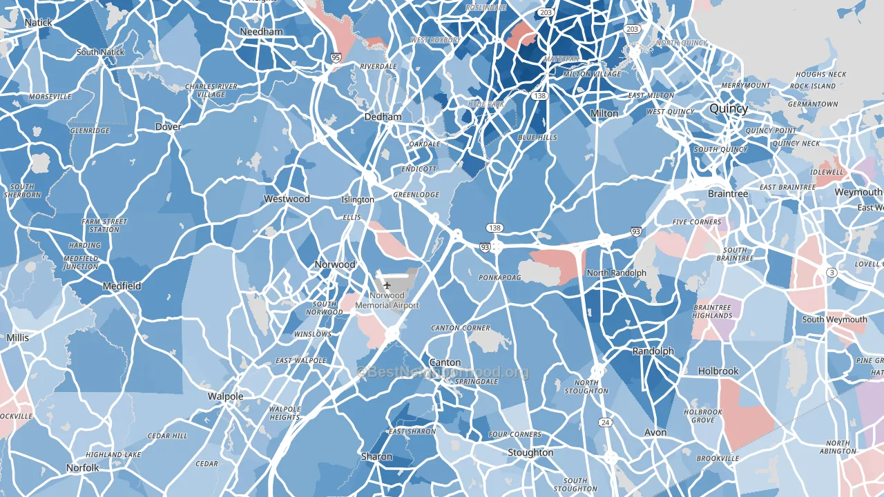 Norfolk County, MA block-group political-lean map