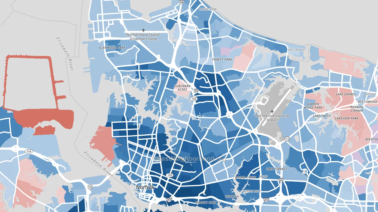 Norfolk, VA block-group political-lean map