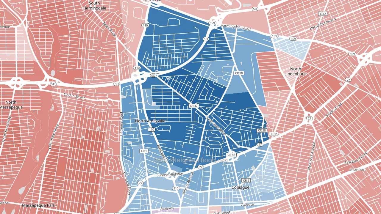 North Amityville, NY block-group political-lean map