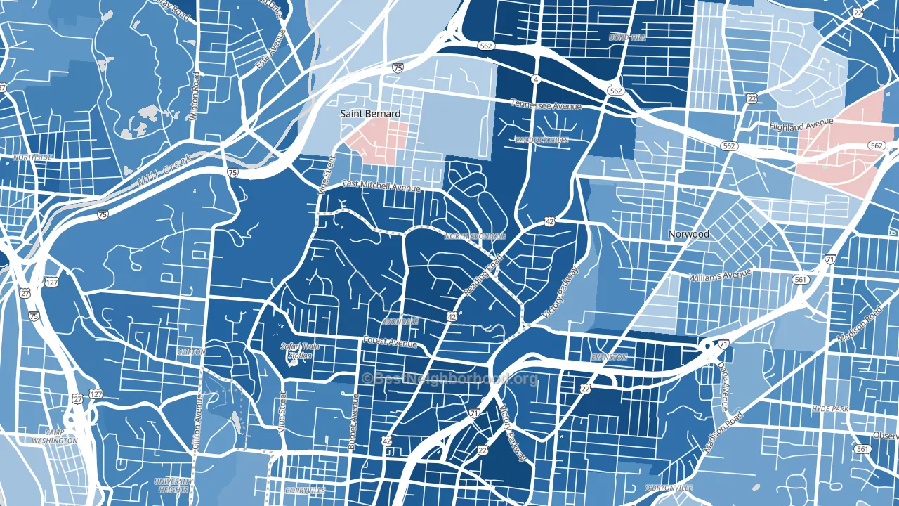 North Avondale, Cincinnati, OH block-group political-lean map