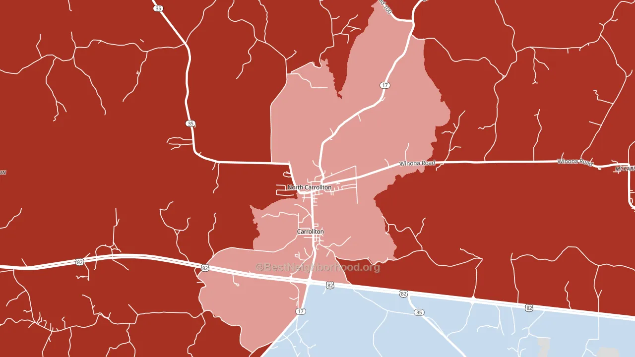 North Carrollton, MS block-group political-lean map