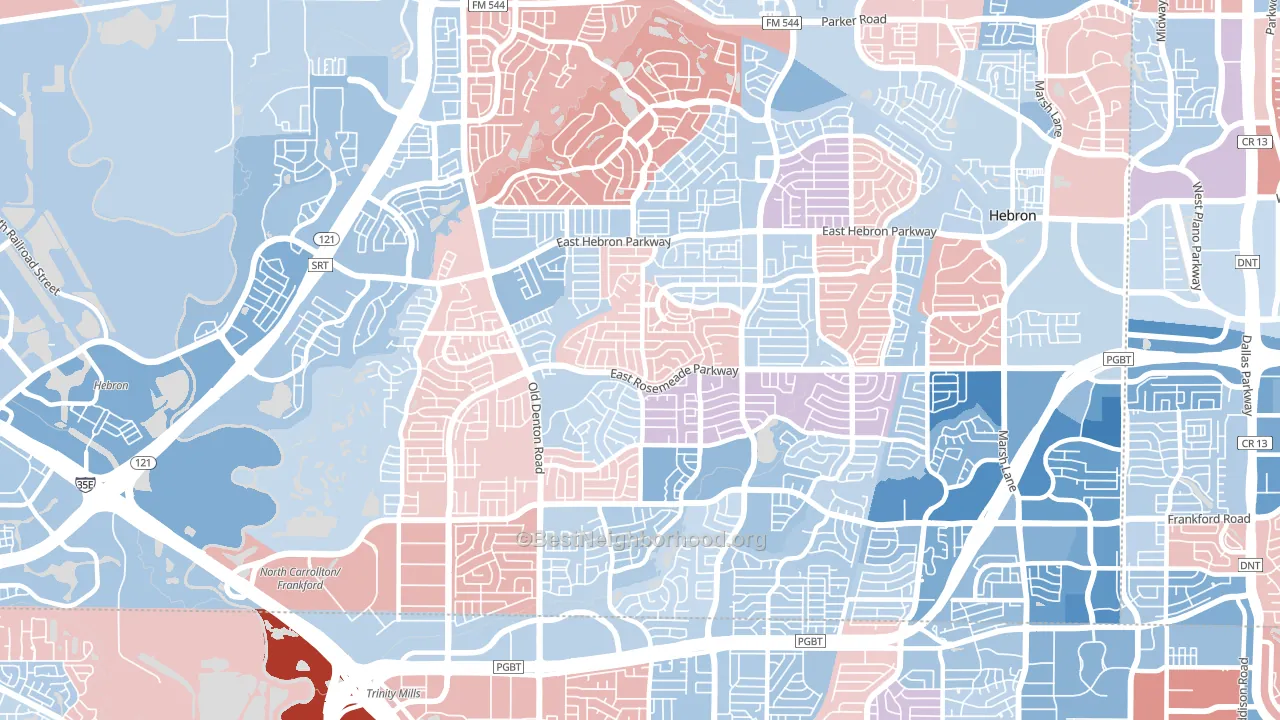 North Central Dallas, Carrollton, TX block-group political-lean map