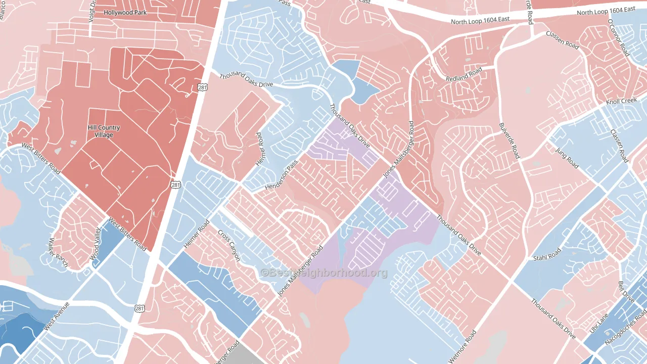 North Central Thousand Oaks, San Antonio, TX block-group political-lean map