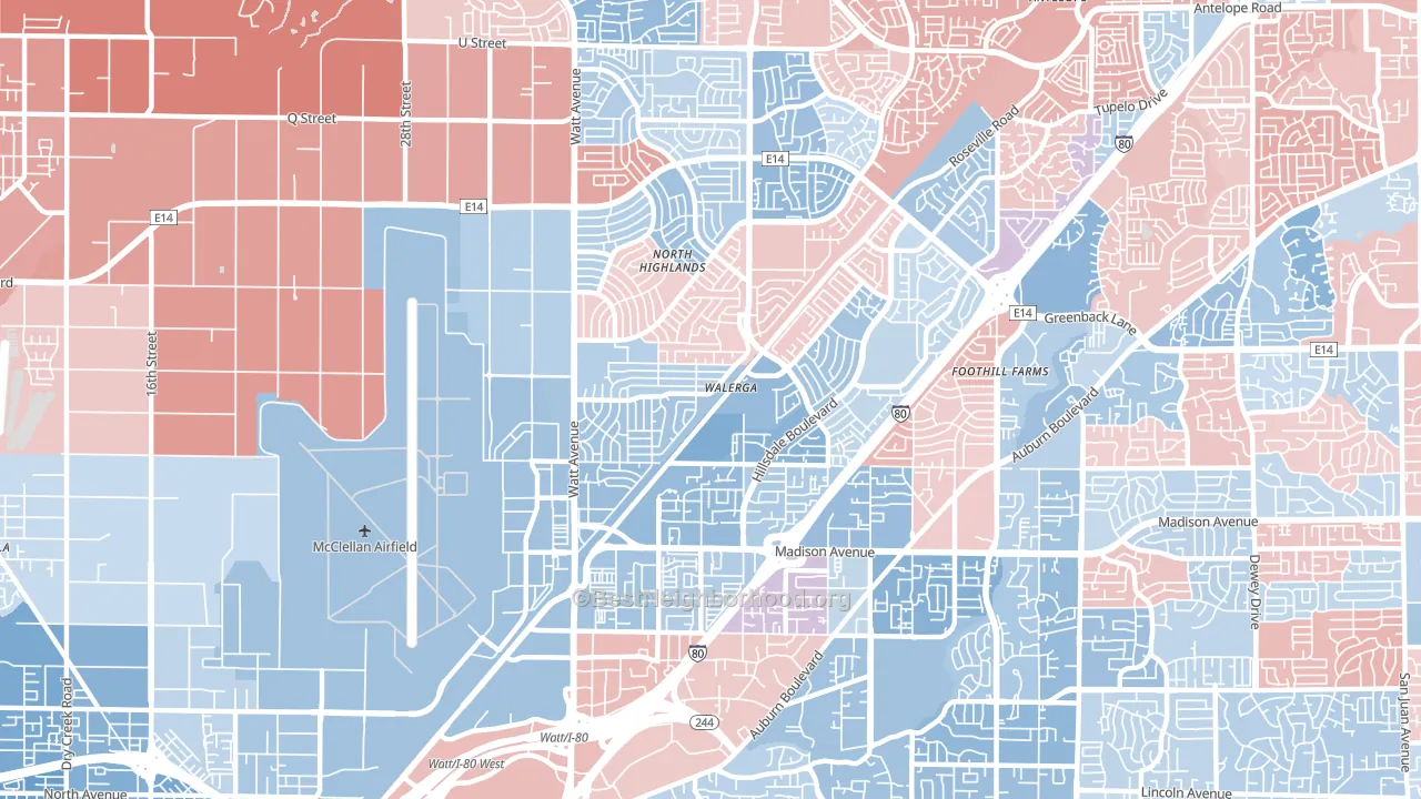 North Highlands, CA block-group political-lean map