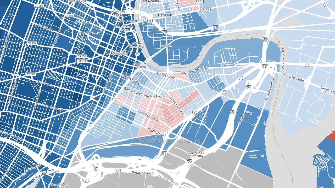 North Ironbound, Newark, NJ block-group political-lean map
