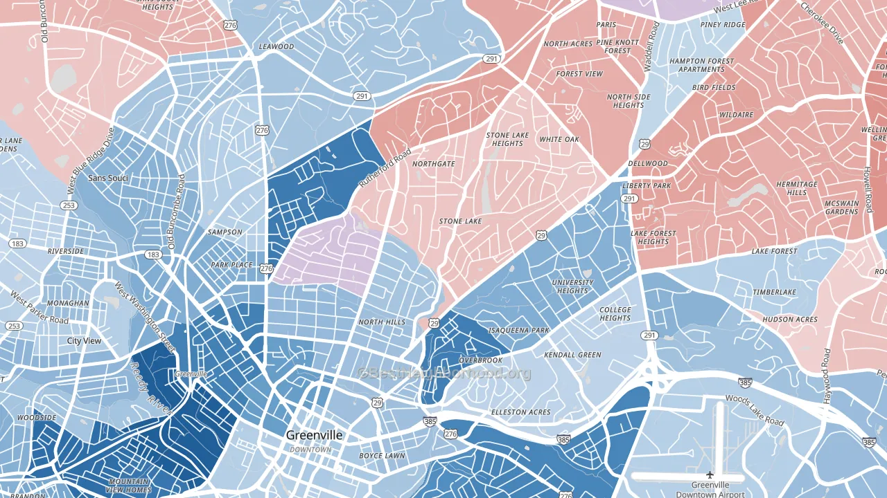North Main, Greenville, SC block-group political-lean map