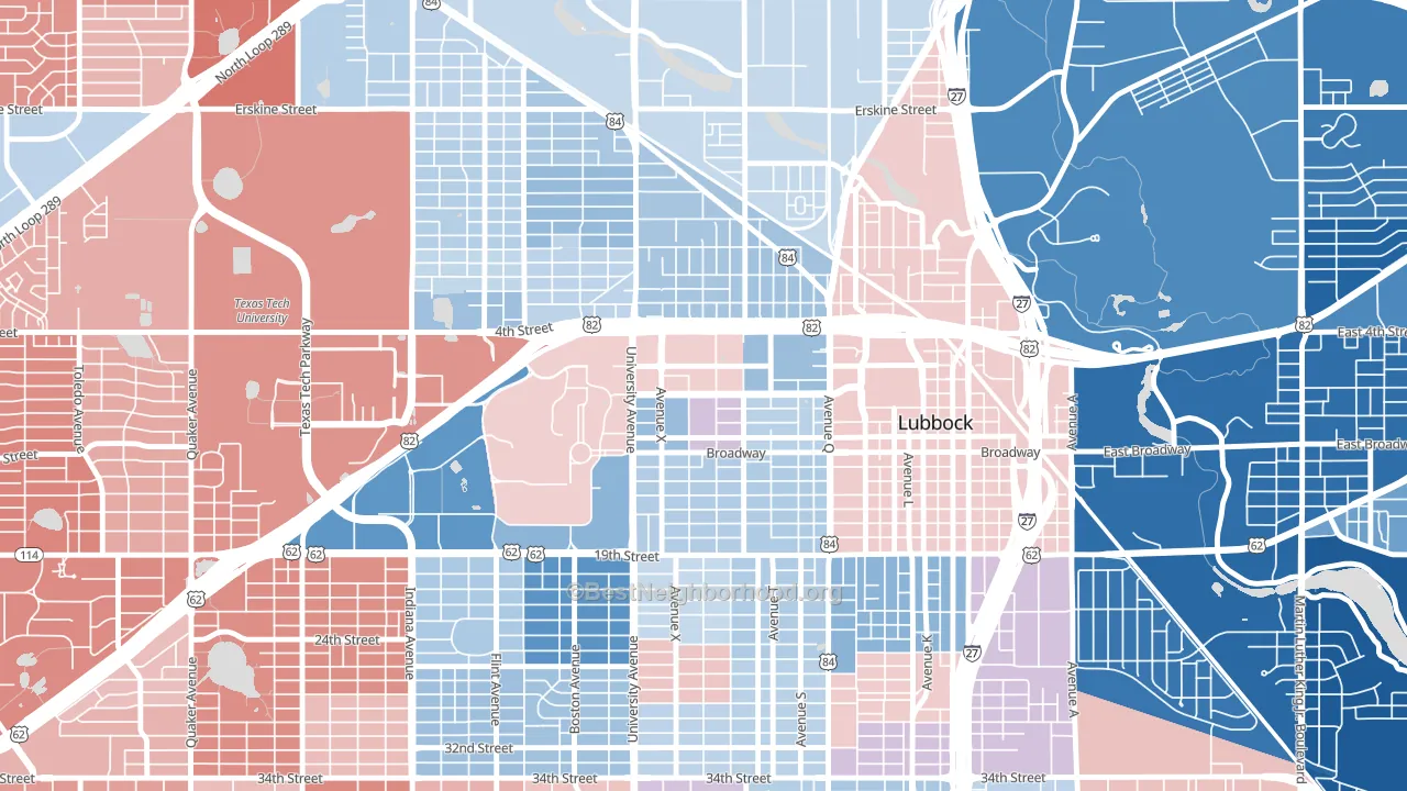North Overton, Lubbock, TX block-group political-lean map