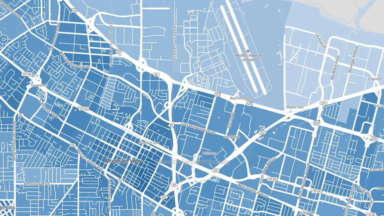 North Whisman, Mountain View, CA block-group political-lean map