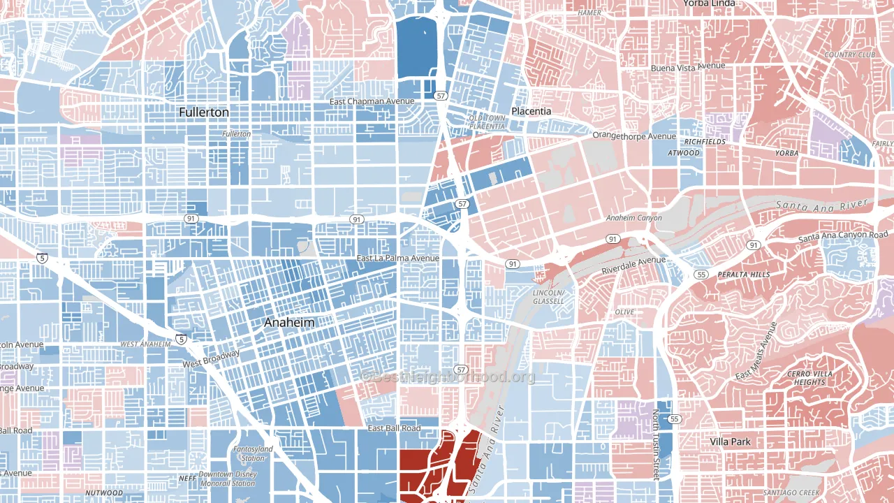 Northeast, Anaheim, CA block-group political-lean map