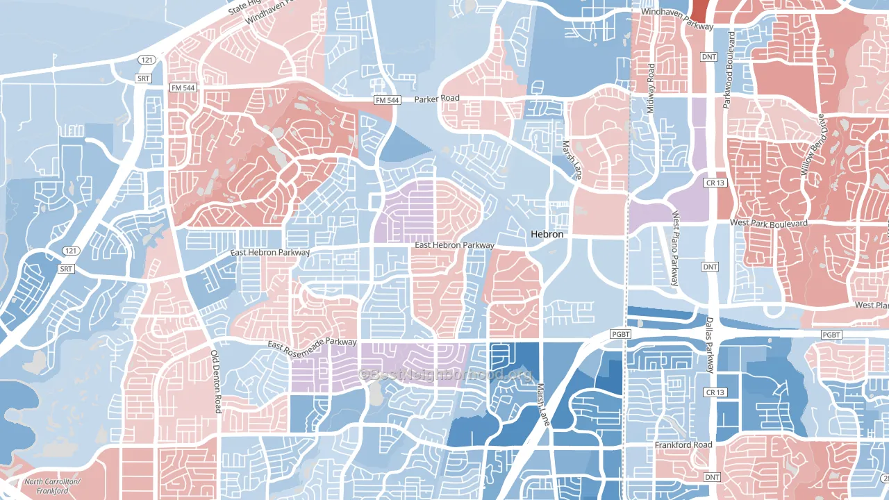 Northeast Dallas, Carrollton, TX block-group political-lean map