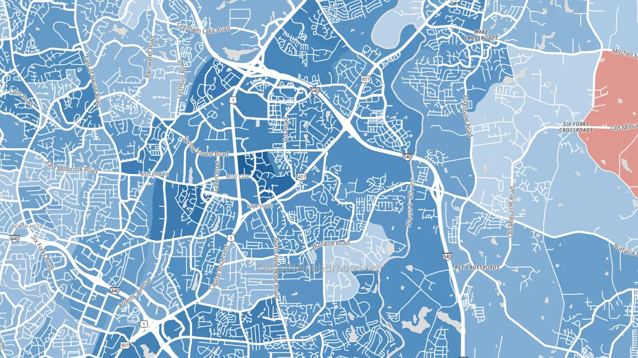 Northeast Raleigh, Raleigh, NC block-group political-lean map