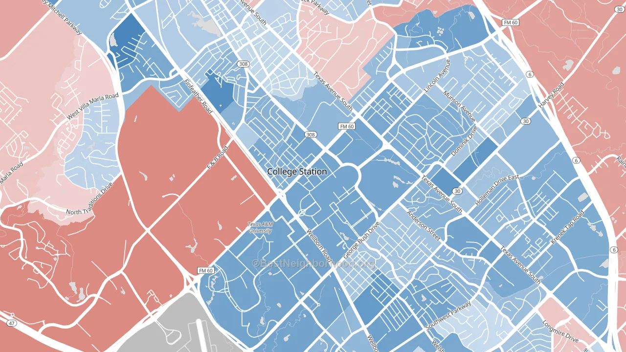 Northgate, College Station, TX block-group political-lean map