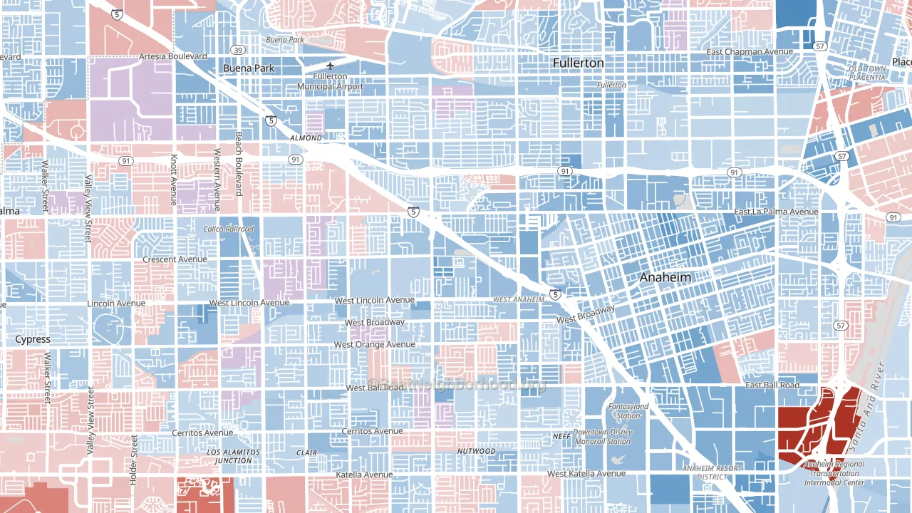 Northwest, Anaheim, CA block-group political-lean map