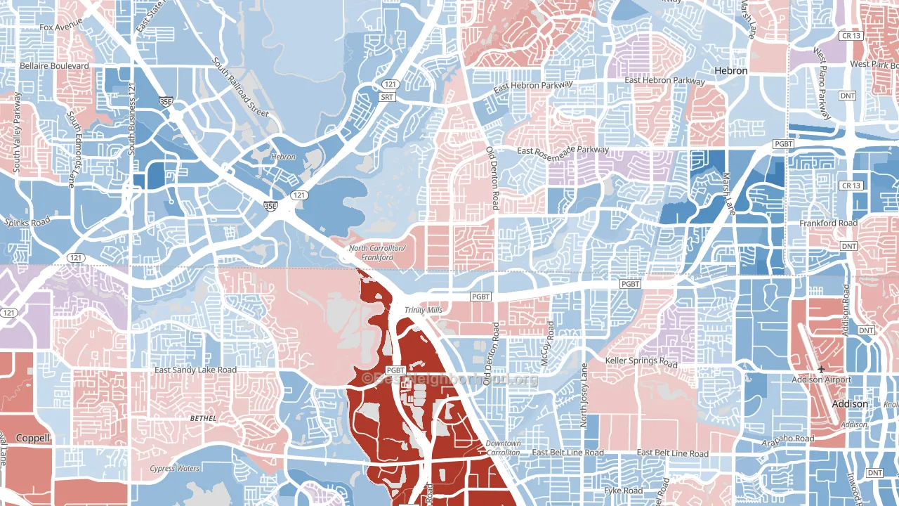 Northwest Dallas, Dallas, TX block-group political-lean map