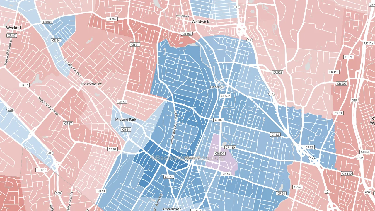 Northwest Ridgewood, Ridgewood, NJ block-group political-lean map