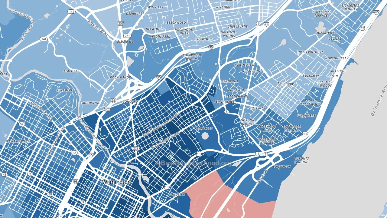Northwest Wilmington, Wilmington, DE block-group political-lean map