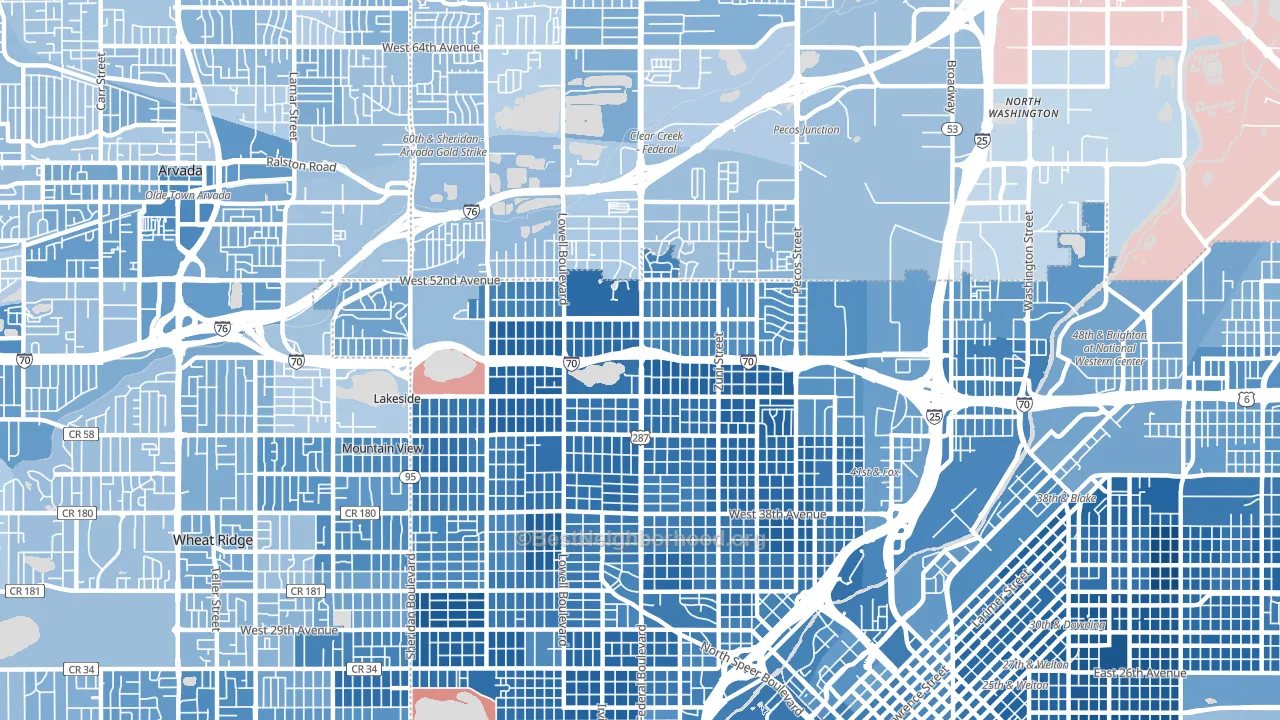 Northwestern Denver, Denver, CO block-group political-lean map