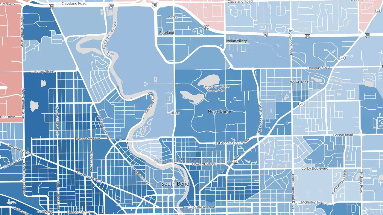 Notre Dame, IN block-group political-lean map