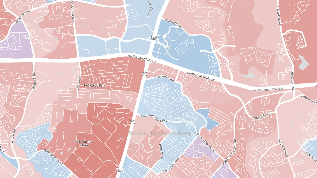 Oak Haven Heights, San Antonio, TX block-group political-lean map