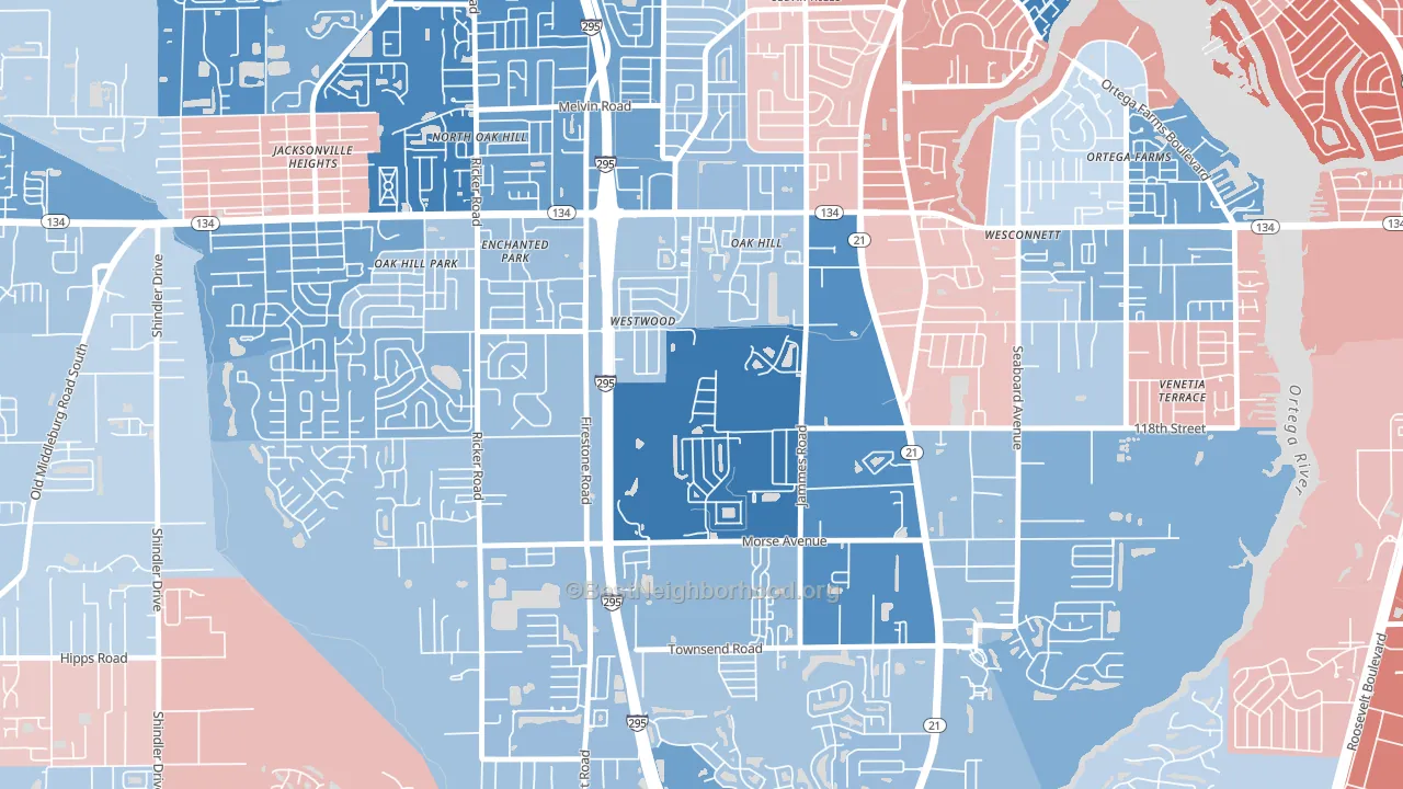 Oak Hill, Jacksonville, FL block-group political-lean map