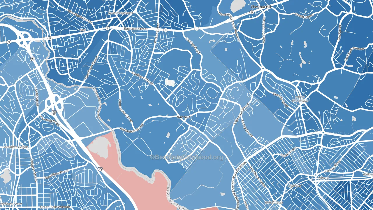 Oak Hill, Newton Center, MA block-group political-lean map