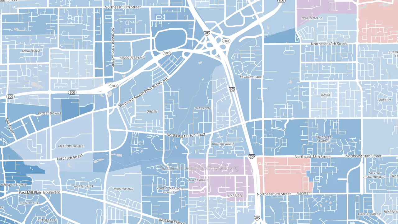 Oakbrook, Vancouver, WA block-group political-lean map