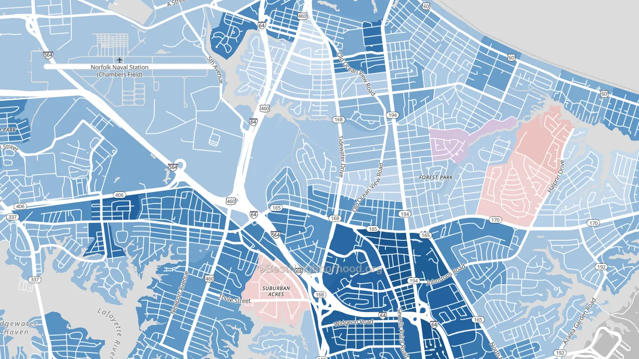 Oakdale Farms, Norfolk, VA block-group political-lean map