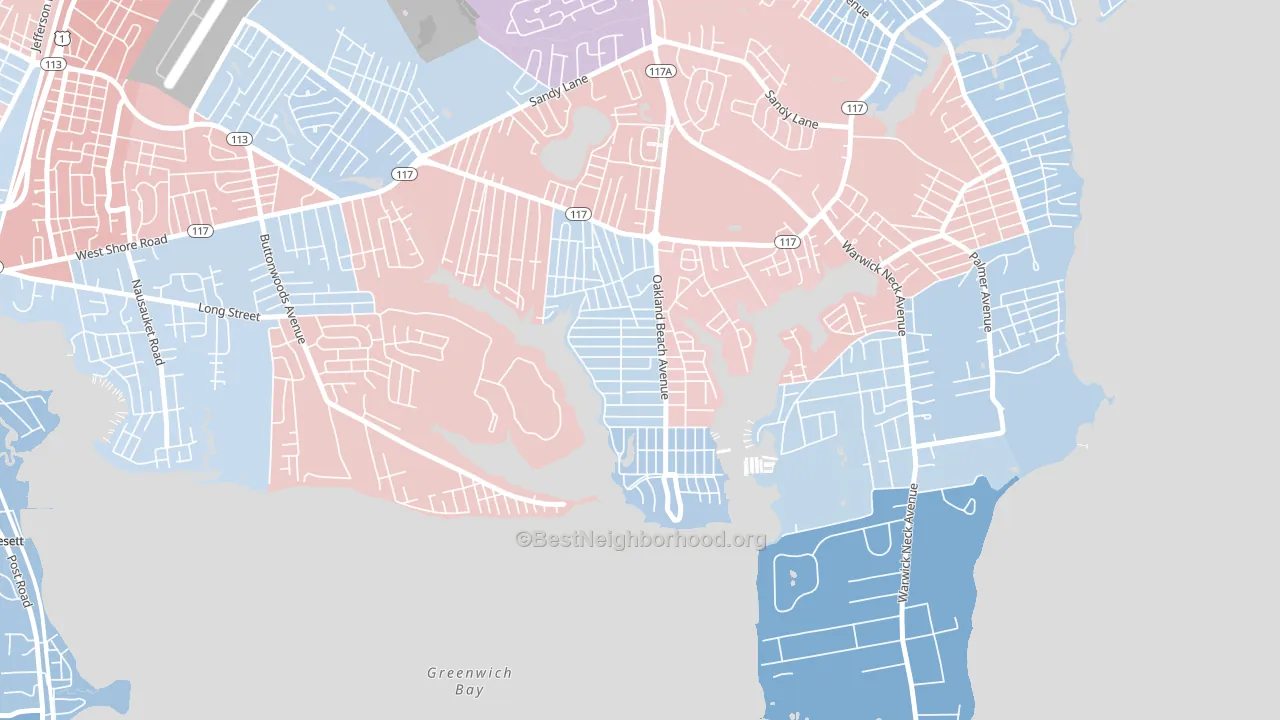 Oakland Beach, Warwick, RI block-group political-lean map