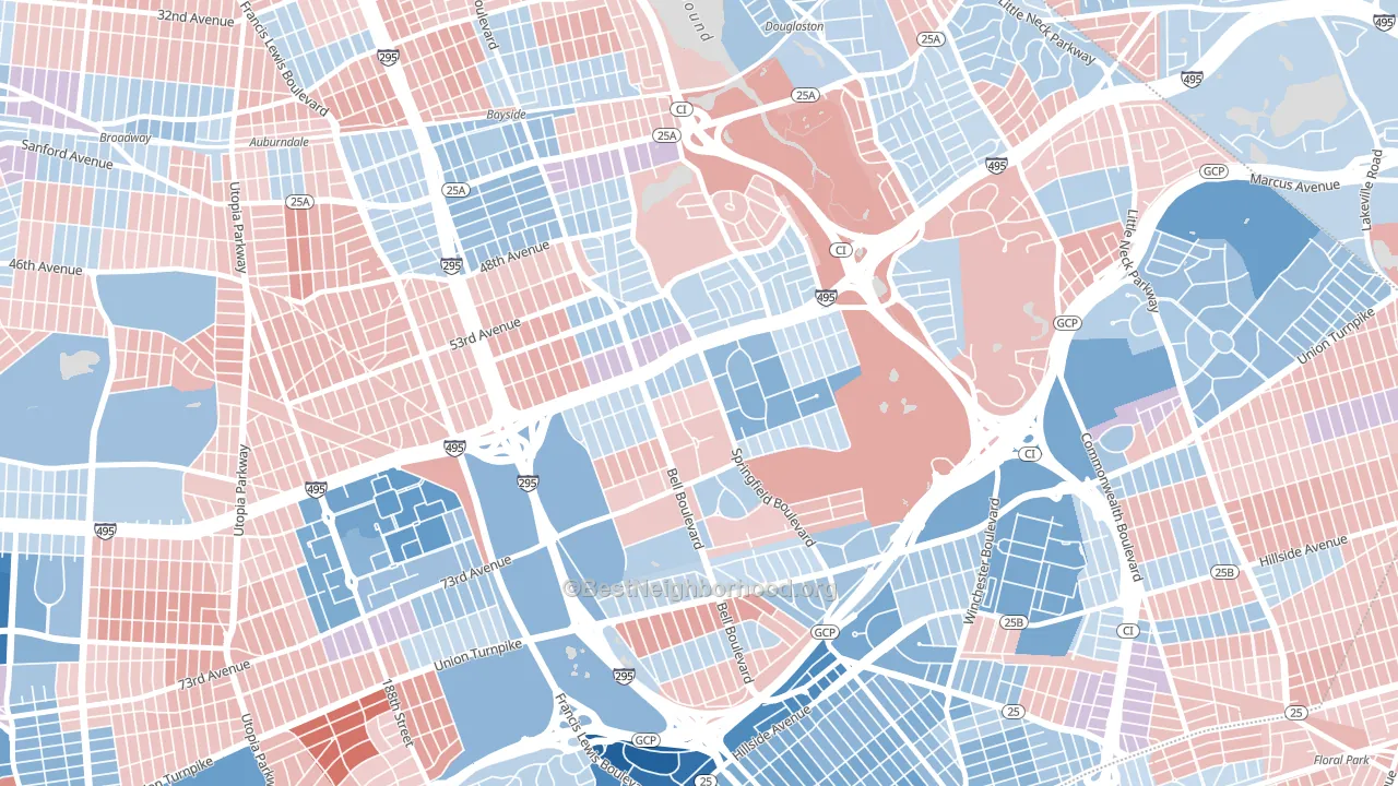 Oakland Gardens, Queens, NY block-group political-lean map
