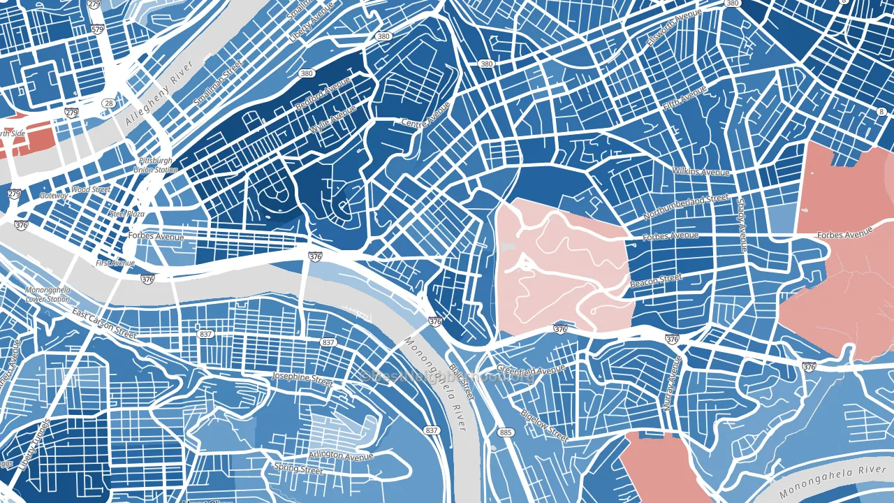 Oakland, Pittsburgh, PA block-group political-lean map