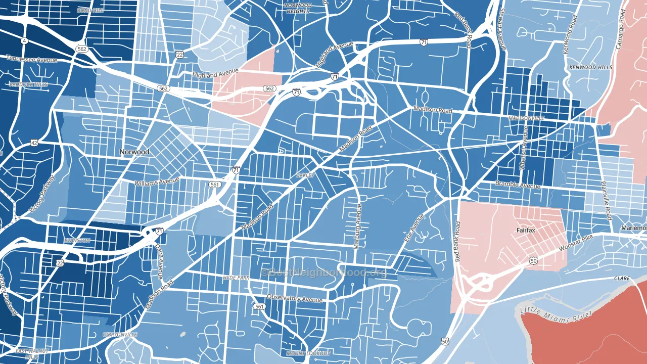 Oakley, Cincinnati, OH block-group political-lean map