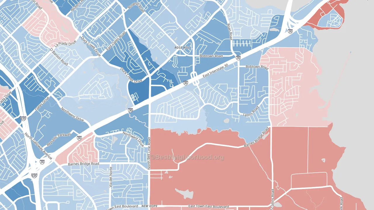 Oaks, Garland, TX block-group political-lean map