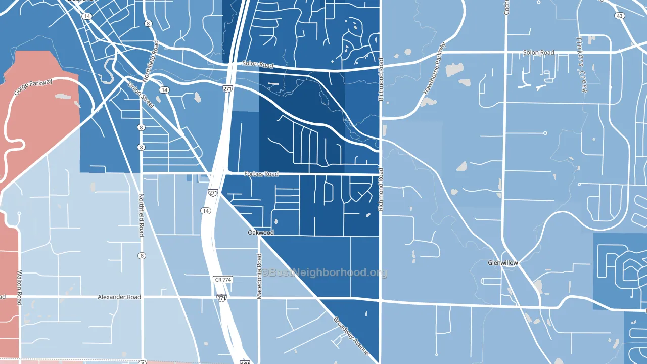 oakwood, Bedford, OH block-group political-lean map