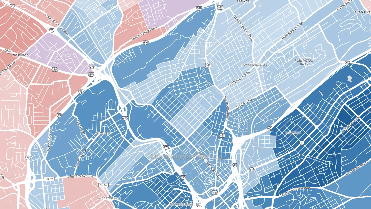 Oakwood, Knoxville, TN block-group political-lean map