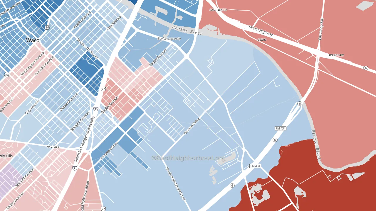Oakwood, Waco, TX block-group political-lean map