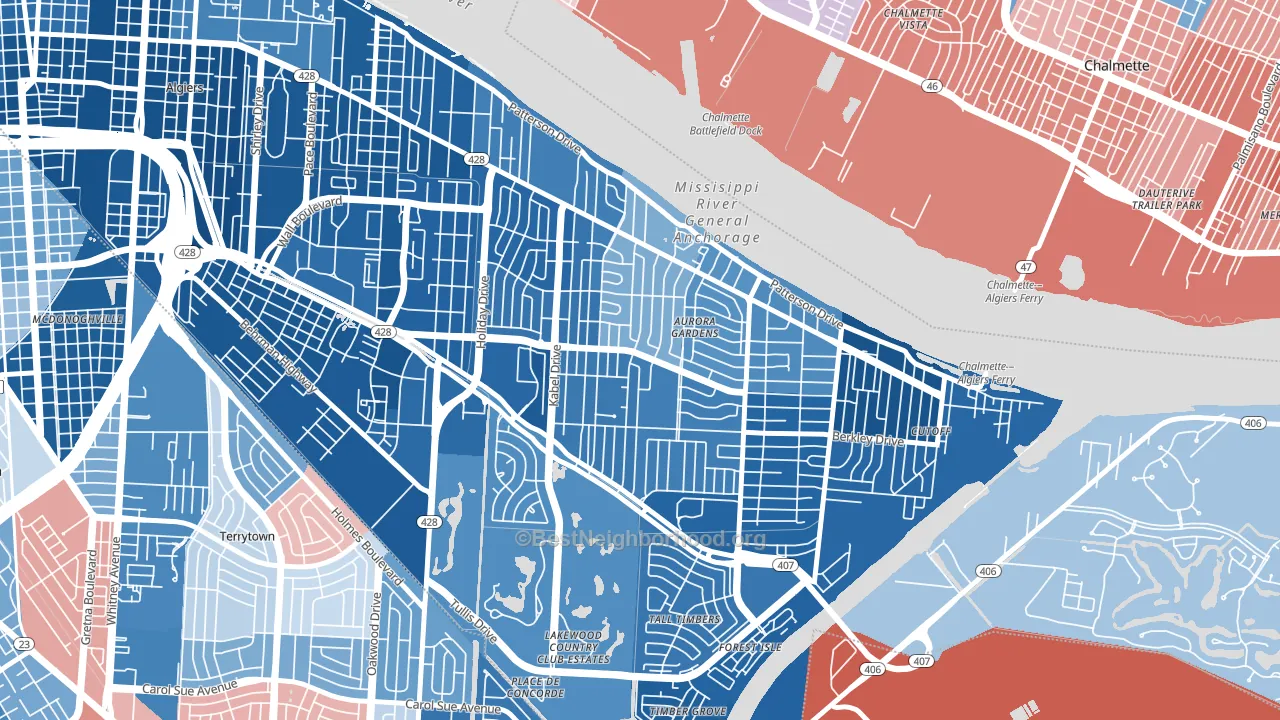 Old Aurora, New Orleans, LA block-group political-lean map